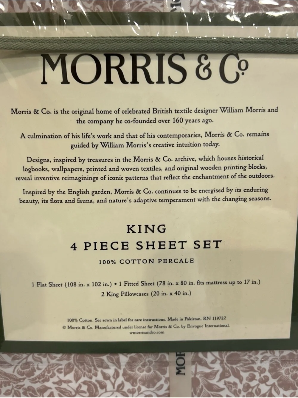 William MORRIS & CO. King Sheet Set Mallow 100% Cotton Percale Plum 4pcs - NIP